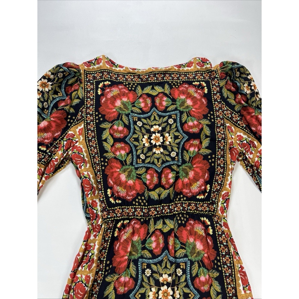 FARM Rio Floral Wrap Mini Dress V-Neck Puff Sleeve Pattern Tapestry Womens S - Picture 15 of 16